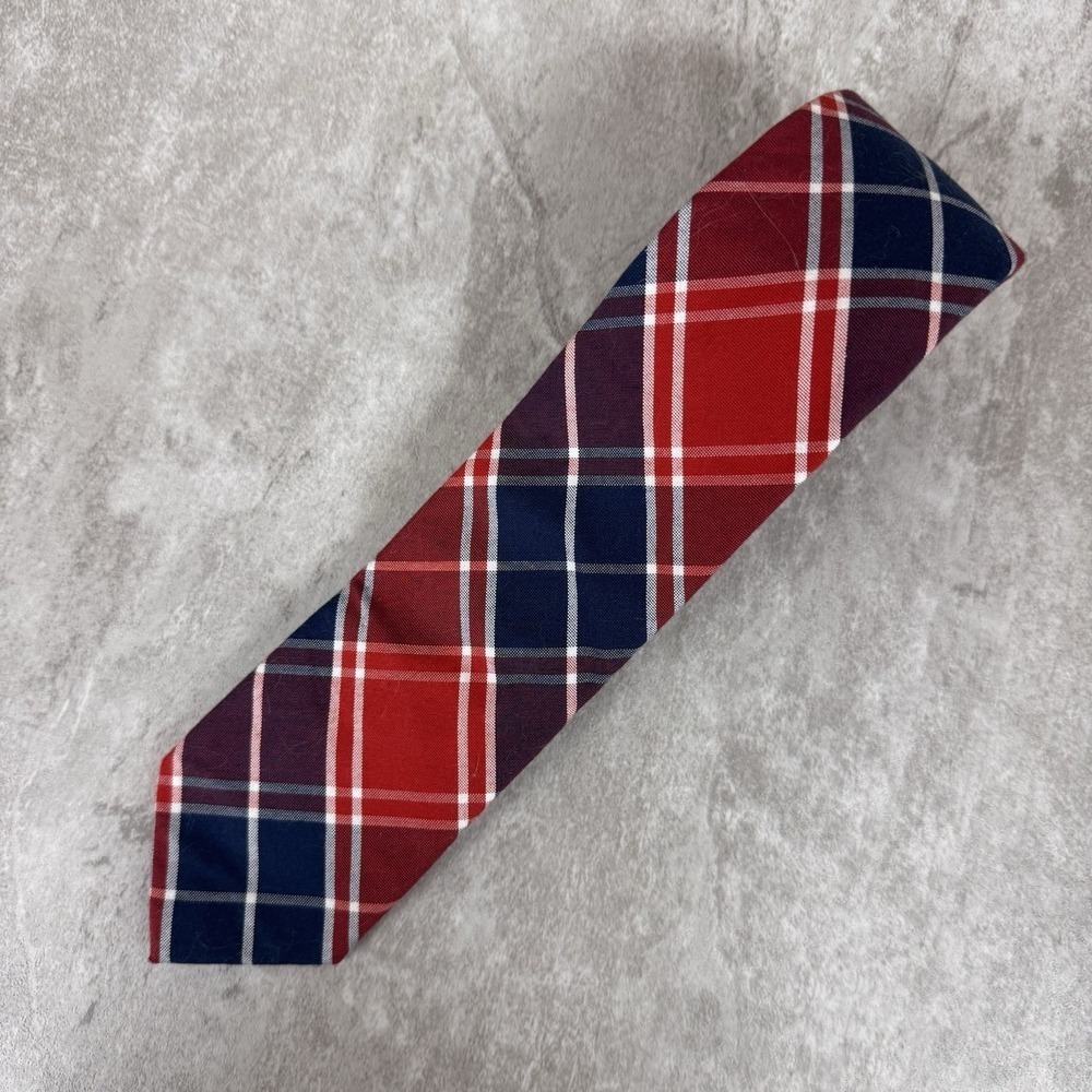 J.Crew Red White Blue Burgundy Bias Plaid Slim Skinny Narrow‎ Cotton Necktie